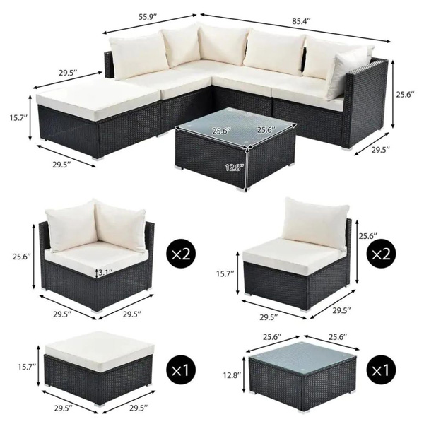 Ollie Outdoor Patio Sofa Set 4 Seater And 1 Table With 1 Ottoman Set (Black + Cream)