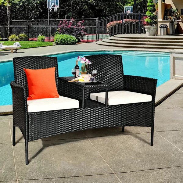OUTDOOR FURNITURE GARDEN PATIO SEATING SET OF 2 ATTACHED CHAIRS AND TABLE SET BALCONY FURNITURE COFFEE TABLE SET(BLACK)