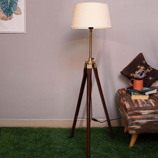 Tripod Floor Lamp with  Wooden Shade ( Brass Finish )